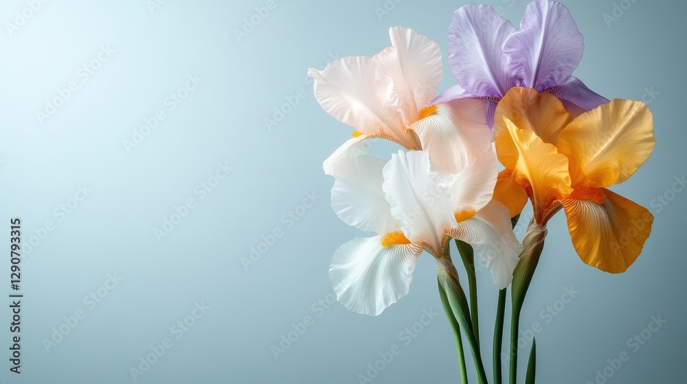 Naklejka premium A striking bunch of colorful iris flowers with lush green leaves beautifully arranged, providing a radiant touch of nature and freshness to any setting.