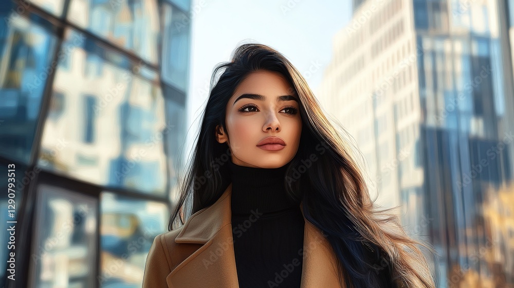 A Young Woman With Long Hair Poses Outdoors In The City A Young Woman With Long Hair Poses Outdoors In The City