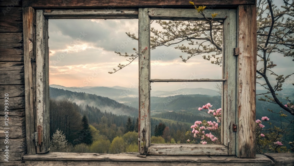 Rustic Wooden Window Double Exposure Photography: AI Generated Image, Old Fashioned Window, Vintage Frame, Nature Scene Rustic Wooden Window Double Exposure Photography: AI Generated Image, Old Fashioned Window, Vintage Frame, Nature Scene