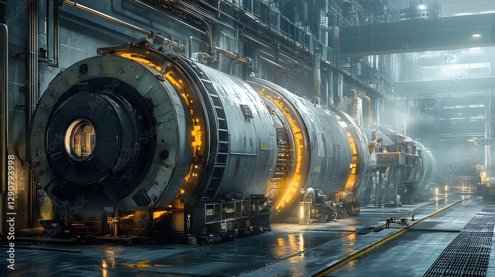 A large, yellow and orange space shuttle is sitting in a large industrial building. The building is dimly lit, giving the scene a mysterious and ominous feel A large, yellow and orange space shuttle is sitting in a large industrial building. The building is dimly lit, giving the scene a mysterious and ominous feel