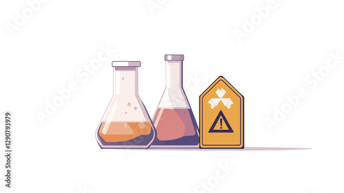 Digital illustration depicting two Erlenmeyer flasks containing different colored liquids, alongside a yellow warning sign featuring a radiation symbol. The style is flat and vector-based with