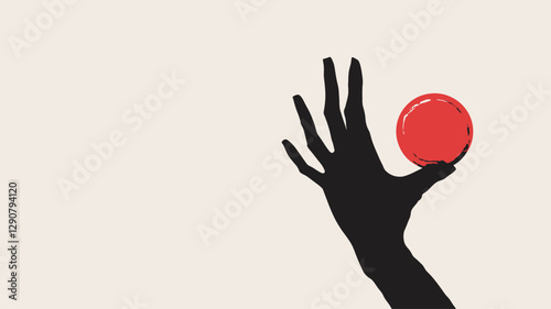 The image features a close-up shot of a black silhouette of a hand delicately holding a bright red sphere against a plain white background. The hand is stylized, appearing almost two-dimensional,