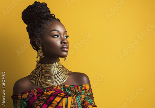 woman wearing colorful Kente cloth and bold jewelry poses against vibrant yellow background, showcasing her beauty and cultural heritage photo