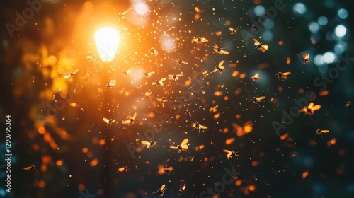 Insects swarming around a bright light at night. A mesmerizing display of nature's dance in the darkness.