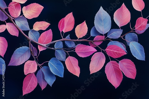 Colorful Leaves on a Branch Creating a Vibrant Display Against a Dark Backgro...