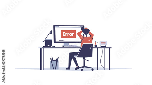 The illustration depicts a stylized back view of a person sitting in an office chair at a desk in front of a computer monitor displaying a large red "Error" message. The person's hands are behind