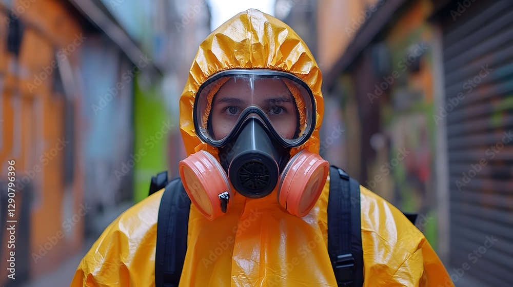 a person wearing a protective suit with a respirator mask, stands ready against a background of graffiti-covered walls. They are safeguarding against potential hazards. a person wearing a protective suit with a respirator mask, stands ready against a background of graffiti-covered walls. They are safeguarding against potential hazards.