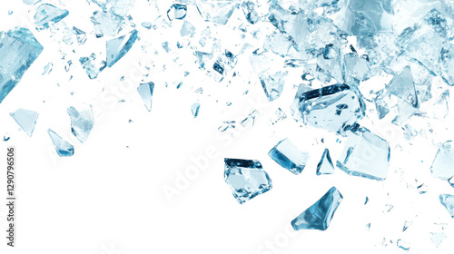 Scattered ice shards on a pure white background, detailed and realistic, with light reflections creating a frosty effect.