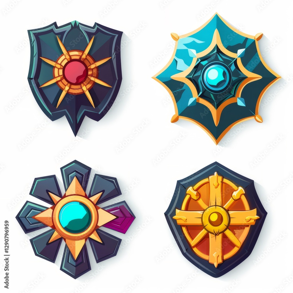 flat design icons for a multiplayer online battle game, showcasing energy shields flat design icons for a multiplayer online battle game, showcasing energy shields