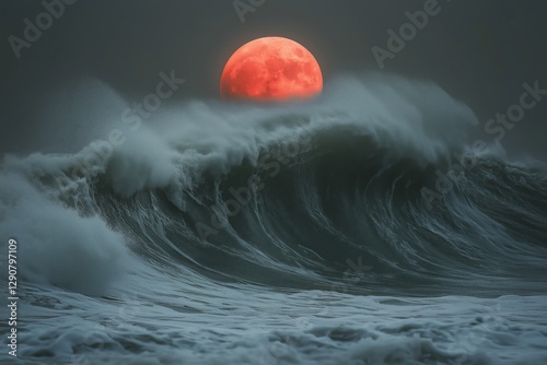 Powerful Ocean Wave Crashing Under a Dramatic Orange Moon at Dusk