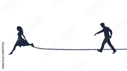 The image is a minimalist vector graphic featuring two dark blue silhouettes against a white background. A female silhouette is depicted falling or sliding away, connected to a male silhouette by a