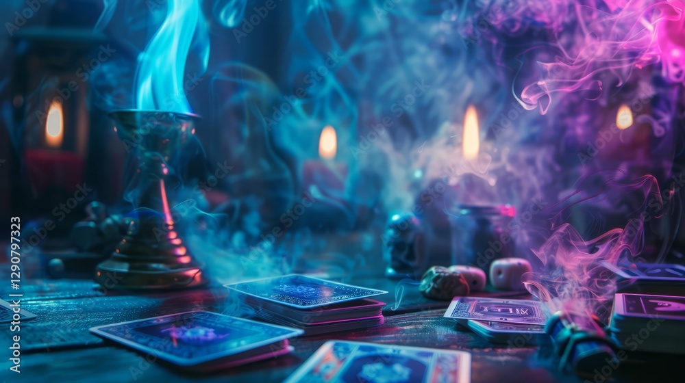Obraz premium A close-up view of tarot cards with elegant golden etchings, resting on a dimly lit wooden table