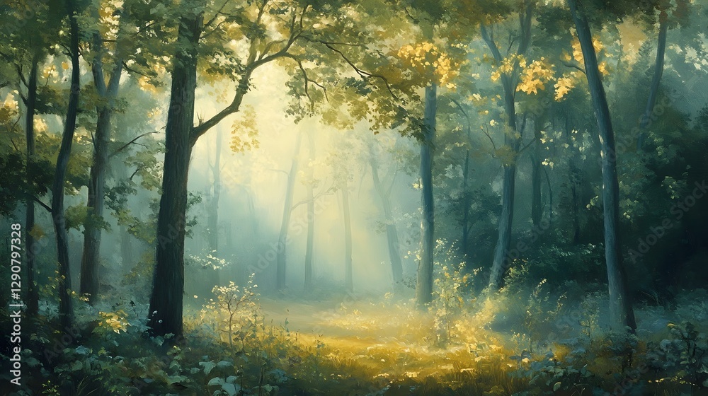 Majestic Enchanted Forest at Soft Morning with Glowing Foliage and Misty Atmosphere Majestic Enchanted Forest at Soft Morning with Glowing Foliage and Misty Atmosphere