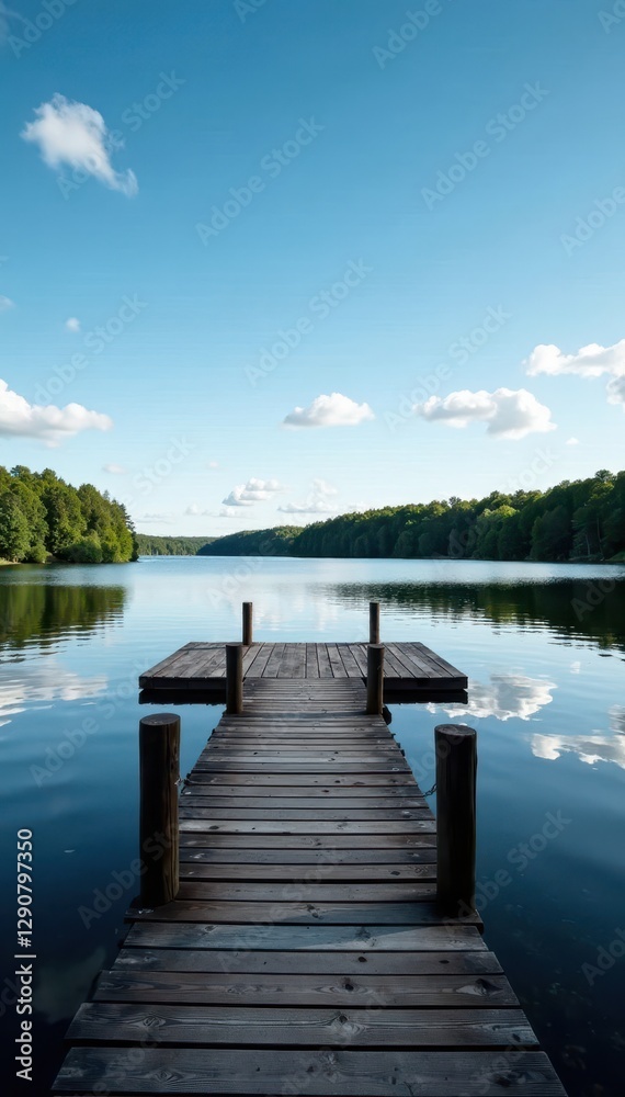 Naklejka premium Wooden jetty extends over calm Masurian lake water, sunset, escape, still