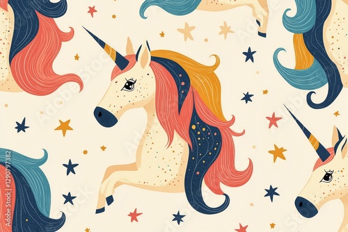 Colorful Unicorn Heads With Stars and Sparkles on a Light Background in a Whi...