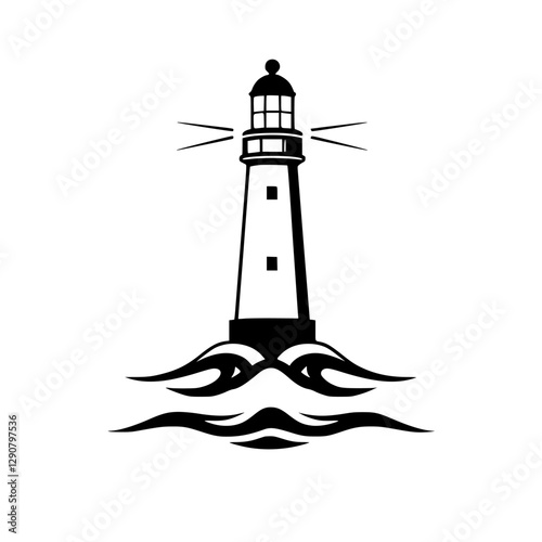 Lighthouse: A black and white illustration of a lighthouse with tribal wave patterns.