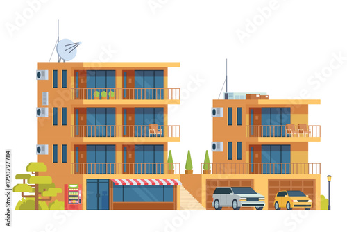 Apartment Building Vector Illustration. Urban Mid-Rise Housing in Flat Style and Clean Design