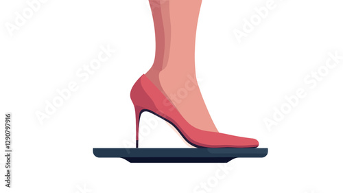 Close-up illustration of a woman's legs wearing coral-pink high-heeled shoes positioned on a dark-colored rectangular platform against a white background. The illustration style is minimalist and