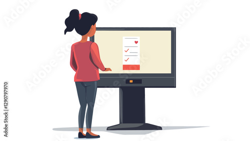 The image is a vector illustration depicting a young woman with dark skin and dark hair pulled back in a ponytail. She is standing facing away from the viewer, interacting with a freestanding,