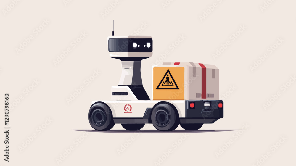 Naklejka premium The image shows a stylized illustration of a small, white autonomous delivery robot. The robot has a boxy design with black accents, and a small antenna on top. It carries a yellow package with a