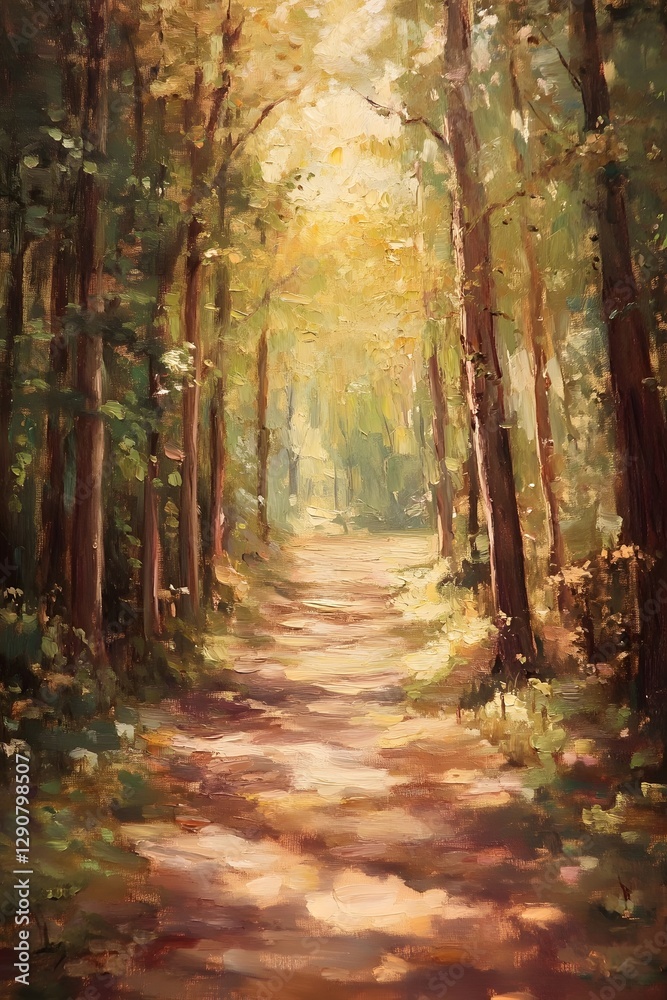 Fototapeta premium Enchanted Woodland Trail in Autumnal Impressionist Painting