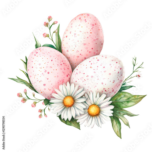 Watercolor illustration of pink Easter eggs with white daisy flowers and green leaves, isolated on a white background. Perfect for holiday decor, greeting cards, and branding