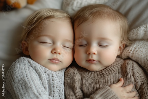 Newborn Twins Sleeping Peacefully Wrapped in Cozy Blankets at a Serene Indoor...