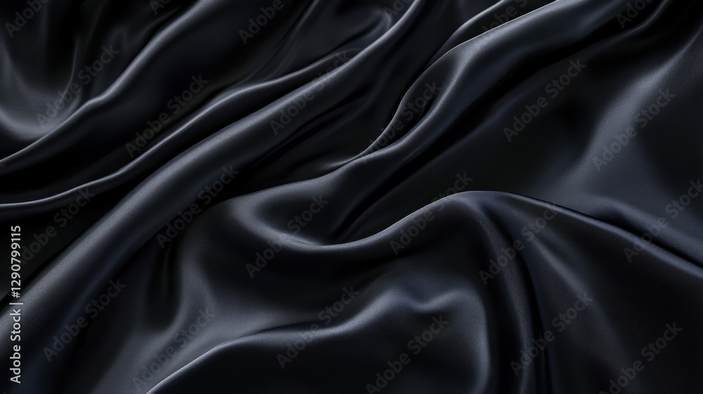 Fototapeta premium Black satin fabric texture, smooth and luxurious, elegant drapery background, close-up of silky layers, ideal for design and fashion projects.