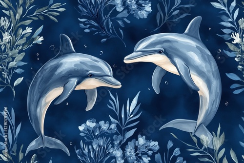 Dolphins Swimming Gracefully Among Blue Floral Patterns in an Underwater Setting