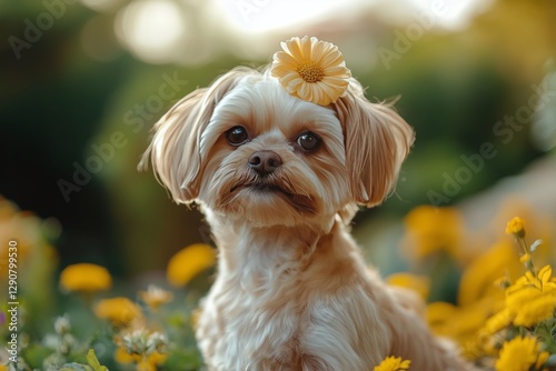 Cute Dog Wearing a Flower in Its Hair Amid Vibrant Garden Blooms