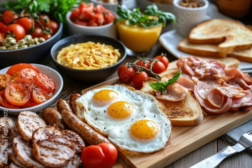 Delicious Hearty Breakfast Featuring Eggs, Sausages, Toast, and Fresh Vegetables