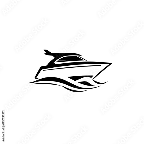 Sleek Black Yacht Silhouette on White Background, with Black Lines and Wave Design.