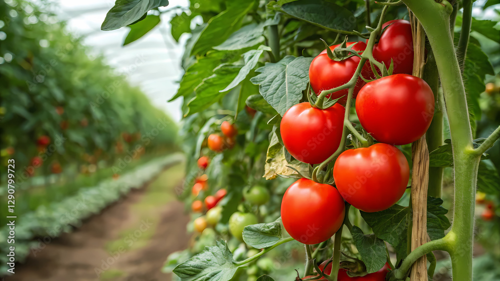 Ripe red tomatoes hang heavy on vine, basking in greenhouse warmth, promising delicious harvest and vibrant flavors Ripe red tomatoes hang heavy on vine, basking in greenhouse warmth, promising delicious harvest and vibrant flavors