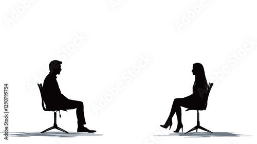 The image shows two silhouettes, a man and a woman, seated in office chairs facing each other.  The figures are rendered in solid black against a white background.  The chairs have a simple design,