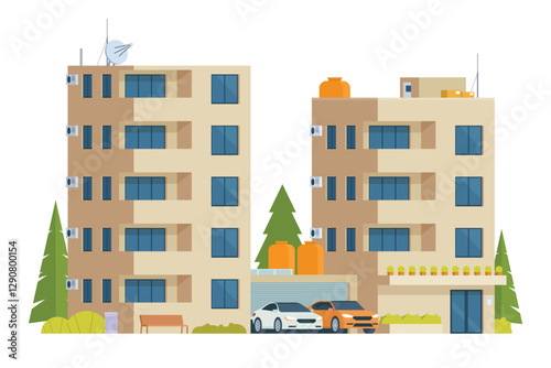 Apartment Building Vector Illustration. Urban Mid-Rise Housing in Flat Style and Clean Design