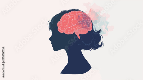 The image is a digital illustration featuring a dark blue silhouette of a woman's head in profile view.  A stylized, pinkish-red illustration of a human brain is overlaid on the silhouette,