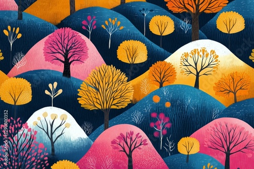 Vibrant Abstract Landscape Featuring Colorful Trees and Rolling Hills in a Wh...