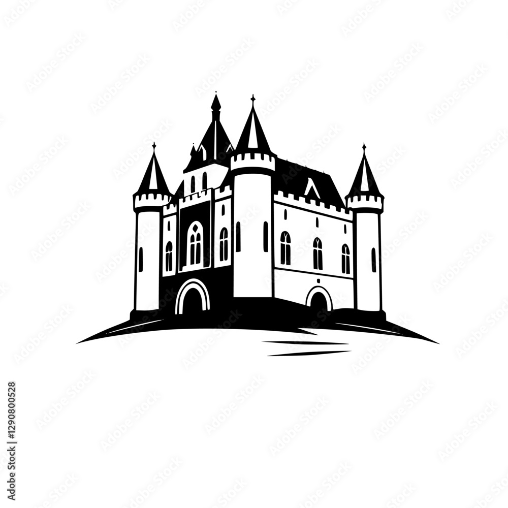 A black and white vector illustration of a castle with towers. A black and white vector illustration of a castle with towers.