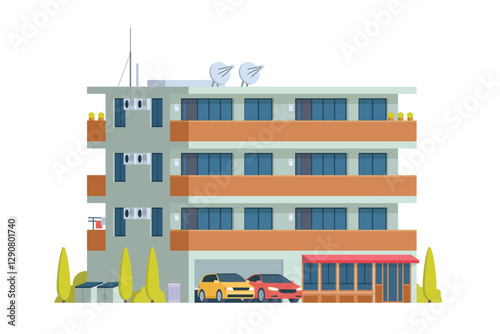 Apartment Building Vector Illustration. Urban Mid-Rise Housing in Flat Style and Clean Design