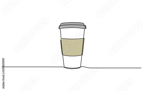 Continuous one line drawing of paper cup of coffee. One line drawing illustration of coffee takeaway, Paper cup of hot coffee in one Continuous line drawing. Concept of drink to go in line art style.