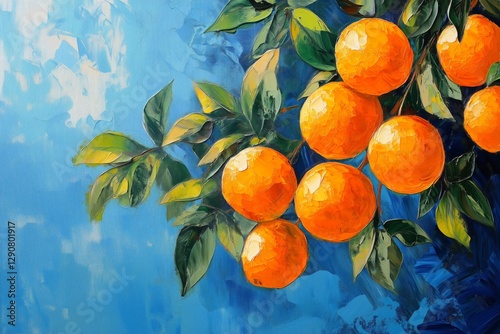 Bright Orange Oranges Against a Vibrant Blue Background With Green Leaves Sho...