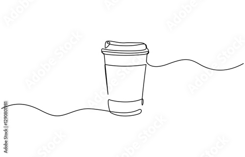 Continuous one line drawing of paper cup of coffee. One line drawing illustration of coffee takeaway, Paper cup of hot coffee in one Continuous line drawing. Concept of drink to go in line art style.