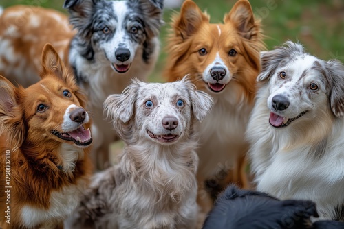 Happy Group of Dogs Posing Together in a Lush Green Park During a Sunny Day