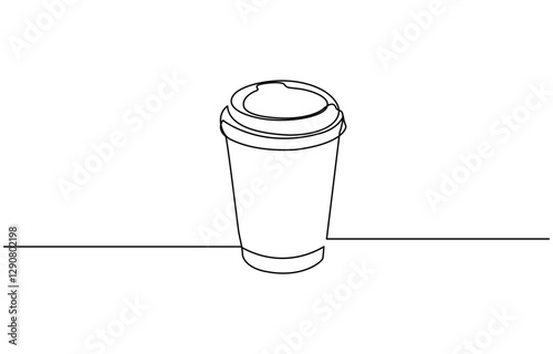 Continuous one line drawing of paper cup of coffee. One line drawing illustration of coffee takeaway, Paper cup of hot coffee in one Continuous line drawing. Concept of drink to go in line art style.