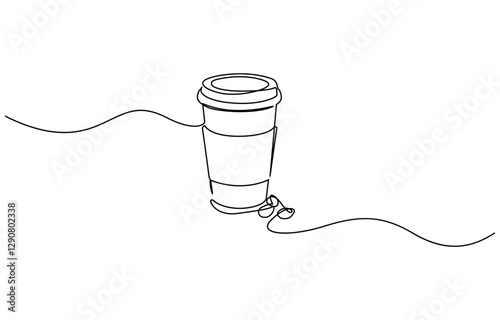Continuous one line drawing of paper cup of coffee. One line drawing illustration of coffee takeaway, Paper cup of hot coffee in one Continuous line drawing. Concept of drink to go in line art style.