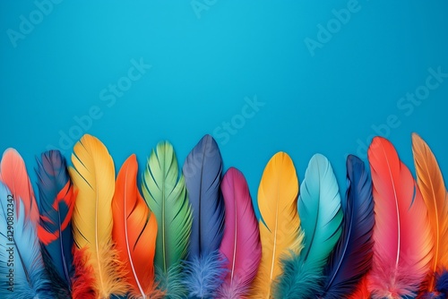 Vibrant Assortment of Colorful Feathers Arranged on a Bright Turquoise Backgr...