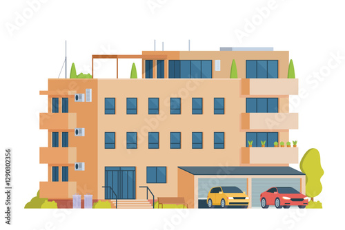 Apartment Building Vector Illustration. Urban Mid-Rise Housing in Flat Style and Clean Design