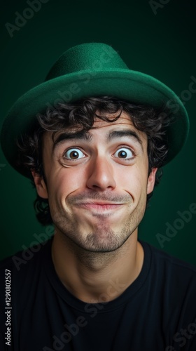 Joyful Young Man With Curly Hair and Green Hat Expressing Playfulness in Fron...
