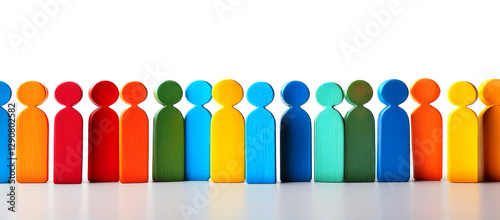 Group of colorful wooden people figures isolated on white background with copy space. Diversity, team, inclusion and human resources concept. Generative Ai.