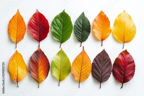 Colorful Arrangement of Autumn Leaves on a White Background Showcasing Variou...